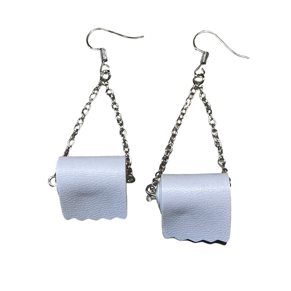 Silver and White Toilet Paper Roll Chain Dangle Earrings - Picture 5 of 7